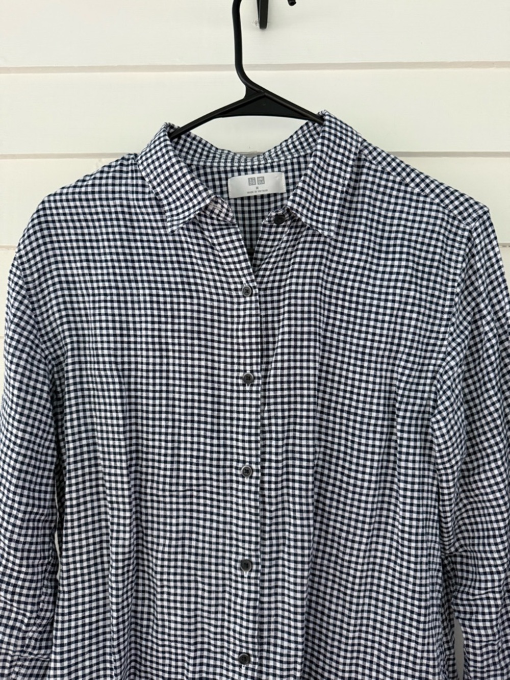 Uniqlo | 100% Linen Navy White Gingham Button Down Shirt Medium - Picture 4 of 8